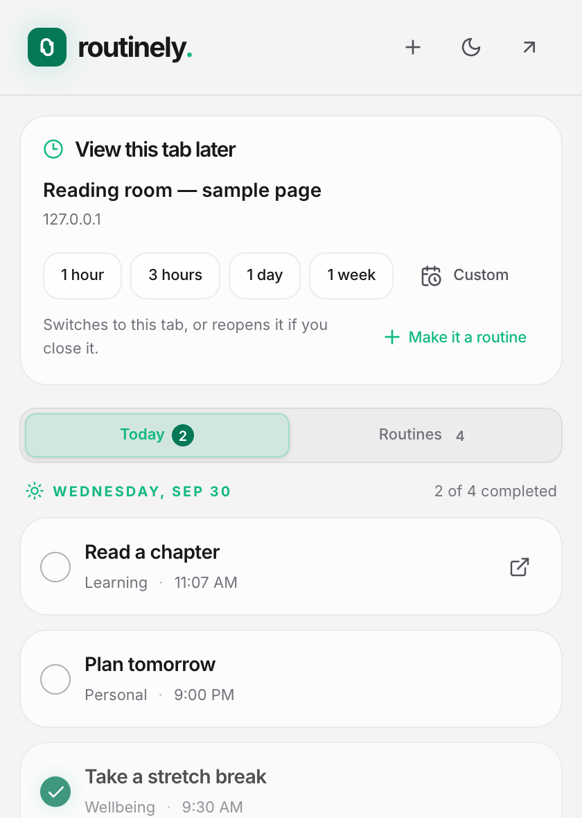 The Routinely toolbar popup with View later shortcuts and today's check-ins.